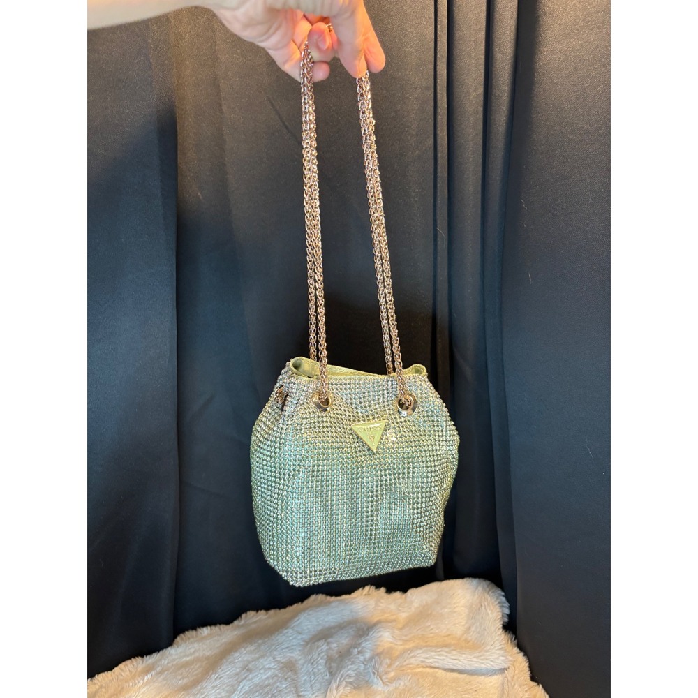Guess Zalina Mini Rhinestone Bucket Bag Celadon Green OR935075 fidget style